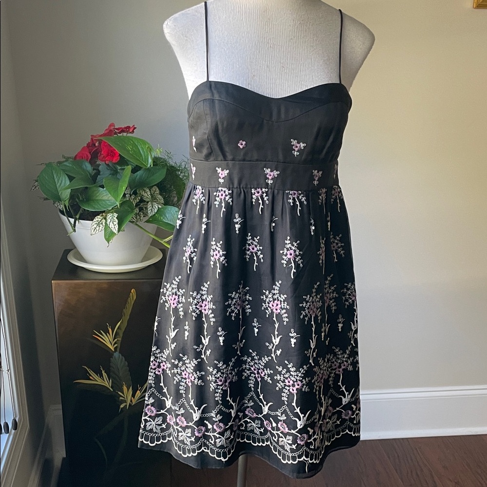 Tocca Black Strapless Dress with Pink & White Floral Embroidery